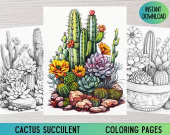 Livro de colorir em tons de cinza de cactos e suculentas, arte floral para imprimir (PDF)