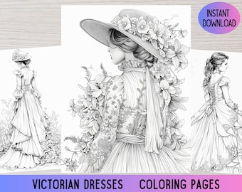 May include: Three black and white colouring pages featuring women in Victorian dresses. The first page shows a woman in a large hat with flowers, the second page shows a woman in a dress with a large skirt, and the third page shows a woman in a dress with a large bow.
