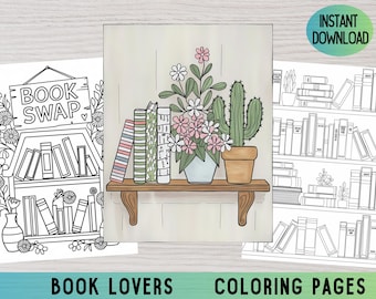 Books Coloring Pages, Adult Minimalist Coloring Book (Digital Download)