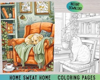 Cozy Home Interiors Coloring Pages, Relaxing Adult Coloring (PDF Pattern)