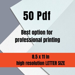 May include: A white and blue paper background with the text "50 Pdf" in black. The text "Best option for professional printing" is also in black. The text "8.5 x 11 In high resolution LETTER SIZE" is in black on a red banner.