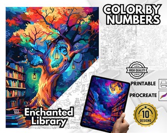 Biblioteca Encantada: Colorea por Números, Libro para Colorear Fantasía (PDF y PNG)