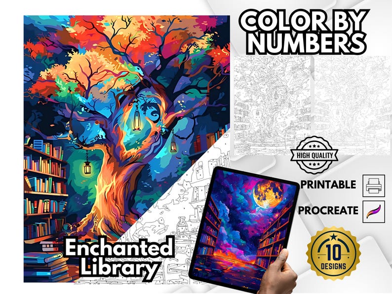 Enchanted Library Color by Number, Fantasy Coloring Book (PDF & PNG) - Etsy