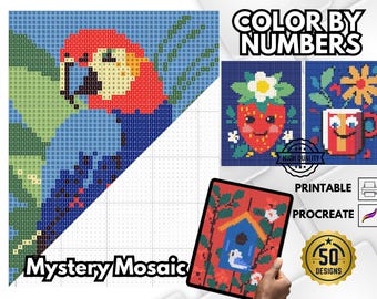 Mystery Mosaic Coloring Pages, Pixelated Color by Number (PDF)
