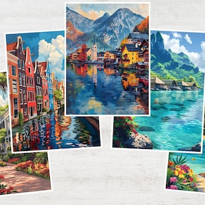 May include: A set of five art prints showcasing picturesque landscapes. The prints portray diverse locations, including a European town with colourful buildings, a mountain lake scene, and tropical beach views. The artwork is rendered in a vibrant, painterly style.