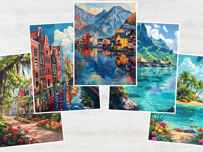 May include: A set of five art prints showcasing picturesque landscapes. The prints portray diverse locations, including a European town with colourful buildings, a mountain lake scene, and tropical beach views. The artwork is rendered in a vibrant, painterly style.