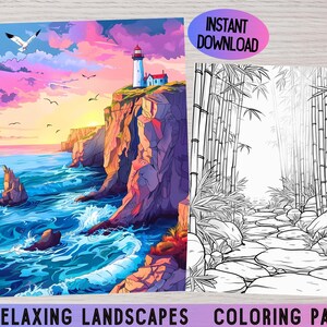 Landscape coloring pages, Relaxing coloring, Stress relief, Mountain coloring, Landscape coloring, Nature coloring page, Coloring for adults