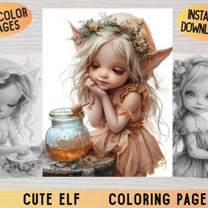 Peut inclure: Une page à colorier représentant une adorable petite fille elfe aux grandes oreilles, aux cheveux blonds et à une couronne de fleurs. Elle tient un goupillon à miel et regarde un pot de miel. L'image est en noir et blanc, avec le texte "Cute Elf Coloring Pages" en bas.