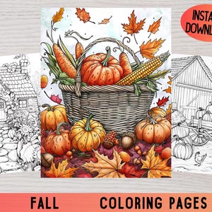 Autumn Coloring Pages, Pumpkins, Leaves (Printable)