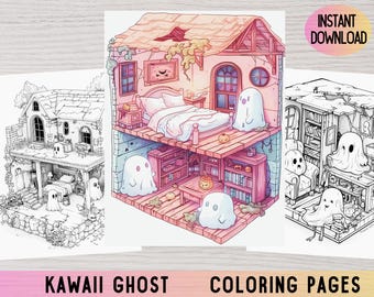 May include: Three Kawaii Ghost coloring pages are displayed. One is a color illustration of a two-story house with ghosts. The other two are black and white line drawings of houses with ghosts. The text "INSTANT DOWNLOAD" is in a pink circle.
