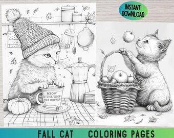 Fall Cat Coloring Pages, Autumn Kitten Designs (PDF)