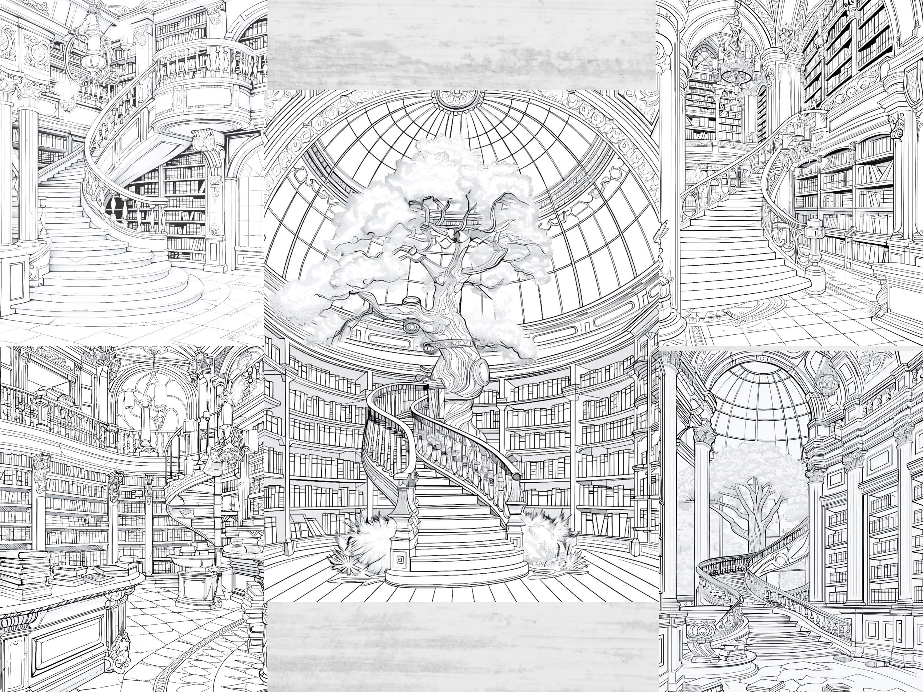 Enchanted Library Grayscale Coloring Pages, Fantasy Coloring Book ...