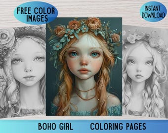 Boho Girls Grayscale Coloring Pages, Bohemian Fashion (PDF)