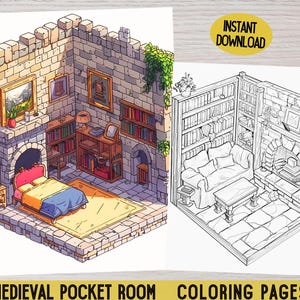 Isometric Coloring Room, Medieval Coloring, Cute Room Coloring, Pocket Room, Room Coloring Pages, Isometric Room, coloring for adults