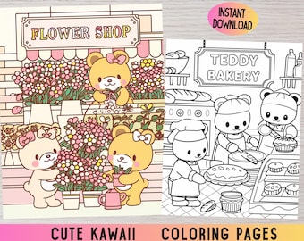 Kawaii Animals Coloring Book, Cozy Scenes (Digital Download)