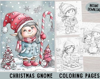 Dibujos para colorear de gnomos navideños, escenas navideñas de nieve (descarga digital)
