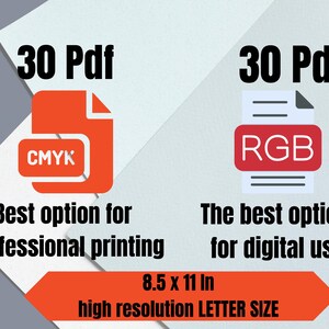 May include: Two orange PDF icons with the text "CMYK" and "RGB" are displayed. The text "Best option for professional printing" and "The best option for digital use" are below the icons. The image also includes the text "8.5 x 11 in high resolution LETTER SIZE."