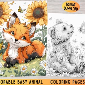 Op de afbeelding: Een kleurplaat met een schattig vosje en een berenjong, omringd door bloemen en vlinders. De vos is oranje en wit met een pluche staart. De berenjong is bruin en wit. De bloemen zijn wit en geel. De vlinders zijn blauw en paars.
