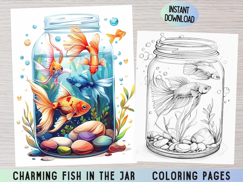 Fish in Jar Coloring Pages, Aquarium Designs (printable) - Etsy