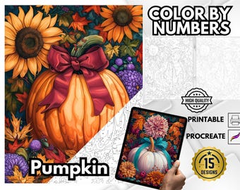 May include: A digital art print featuring a large orange pumpkin with a burgundy bow, surrounded by sunflowers, autumn leaves, and purple flowers. The words "Color by Numbers" and "Pumpkin" are visible.