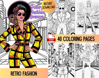 Retro Fashion Coloring Book, Groovy Adult Coloring Pages (Digital Download)