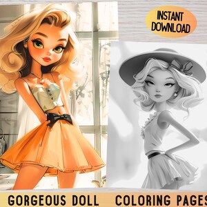 May include: A coloring page featuring two illustrations of a doll with blonde hair and large eyes. The doll on the left is wearing a yellow dress and a black bow. The doll on the right is wearing a hat and a dress. The text "Gorgeous Doll Coloring Pages" is at the bottom of the image.