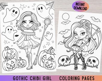 Halloween Chibi Coloring Pages, Gothic Girls (Digital Download)
