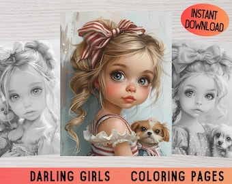 Könnte beinhalten: Zwei Schwarzweiß-Malvorlagen mit Mädchen mit großen Augen und Schleifen im Haar. Jedes Mädchen hält einen kleinen Hund. Der Text "DARLING GIRLS COLORING PAGES" befindet sich am unteren Rand des Bildes.