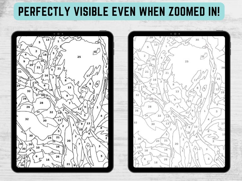 May include: Two digital tablets displaying a paint-by-numbers design. The design is a detailed, abstract image with numbered sections. The text "PERFECTLY VISIBLE EVEN WHEN ZOOMED IN!" is at the top. The image is in black and white.