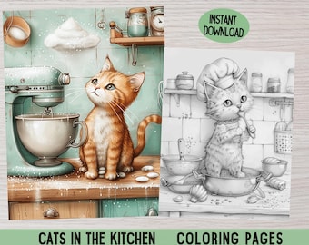 Dibujos de gatos para colorear para adultos y niños, escala de grises, diseños de gatitos (descarga digital)