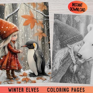 Peut inclure: Une page à colorier représentant une elfe d'hiver avec un chapeau rouge et un pingouin. L'elfe porte une robe rouge et a de longs cheveux blonds. Le pingouin est noir et blanc et a un long bec. L'arrière-plan est une forêt enneigée avec de la neige qui tombe. Le texte "Winter Elves Coloring Pages" est en bas de la page.