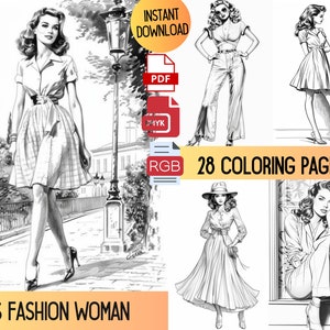 ファッションイラストの塗り絵、大人のファッション塗り絵、大人のファッション塗り絵、50 年代のファッション女性、50 年代のモデルの塗り絵