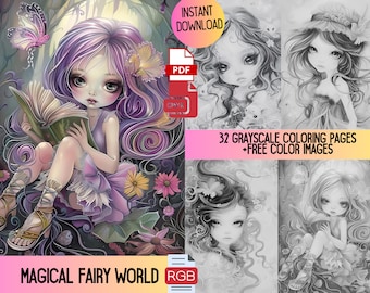 Fairy Grayscale Coloring Pages, Forest Fantasy (PDF Download)
