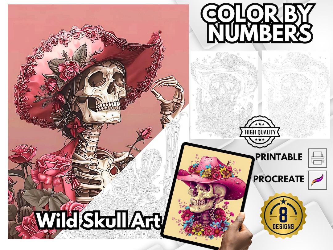 Wild Skulls Color by Numbers: Printable Adult Coloring Pages (digital ...