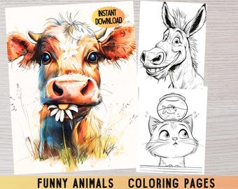 Dibujos divertidos de animales para colorear, libro para colorear para adultos original (descarga digital)