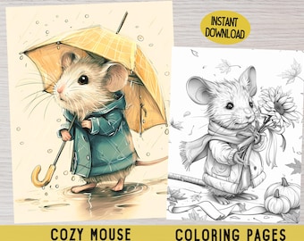 Autumn Mouse Coloring Pages, Printable Animal Fall Coloring (Digital Download)