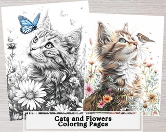 Cat and Flowers Coloring Pages, Relaxing Art (Printable Download)