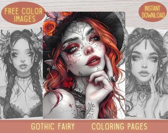 Gothic Fairy Coloring Pages, Grayscale Fantasy Art (PDF Pattern)