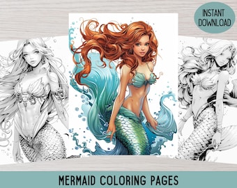 May include: Three coloring pages featuring mermaids. The first page shows a mermaid with long flowing hair and a seashell bra. The second page shows a mermaid with red hair and a green tail. The third page shows a mermaid with long flowing hair and a seashell bra. All three mermaids are drawn in a detailed and realistic style.