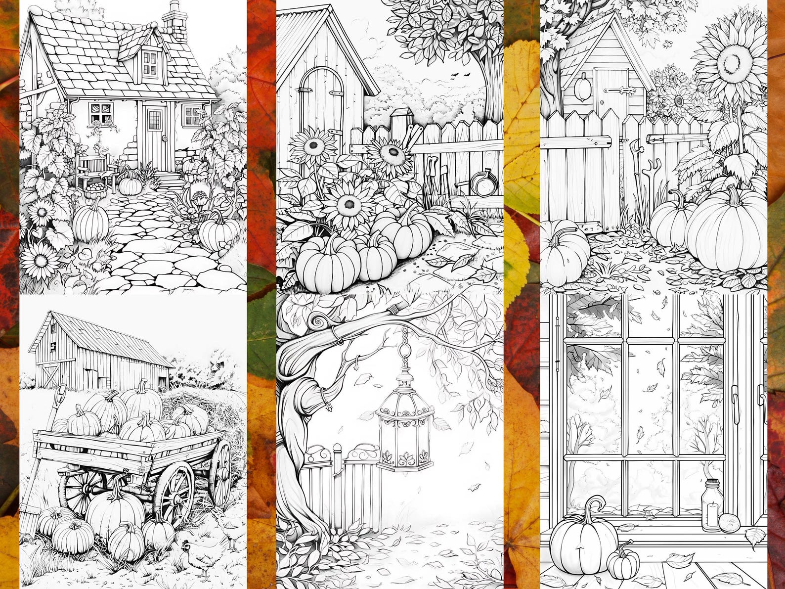 Autumn Coloring Pages, Pumpkins, Leaves (printable) - Etsy