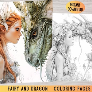 Fee und Drache Malseiten, Fantasy Art (PDF-Muster)