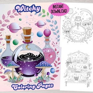 Witch Coloring Pages, Witchy Coloring, Printable Coloring, Digital Coloring, Adult Coloring Page, Crystal Coloring, Spellbook Coloring