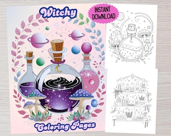 Witchy Coloring Pages, Crystals, Potions, Spellbook (Digital Download)