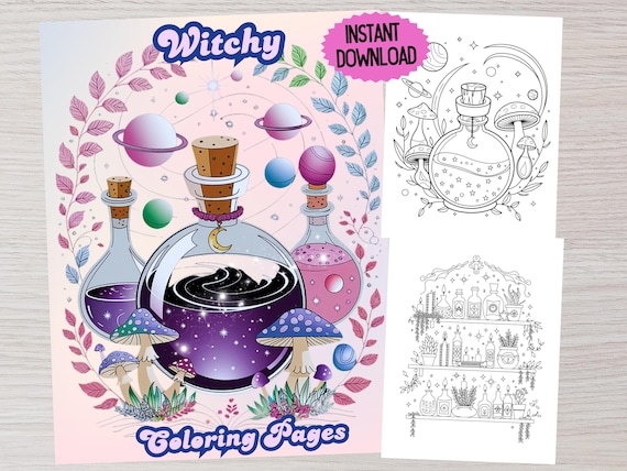 Witchy Coloring Pages, Crystals, Potions, Spellbook (Digital Download)