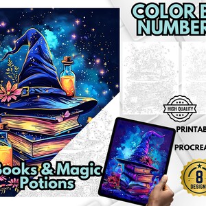 May include: Color by numbers design featuring a witch's hat, books, and potion bottles against a starry night sky. The design is titled "Books & Magic Potions".