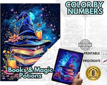May include: Color by numbers design featuring a witch's hat, books, and potion bottles against a starry night sky. The design is titled "Books & Magic Potions".