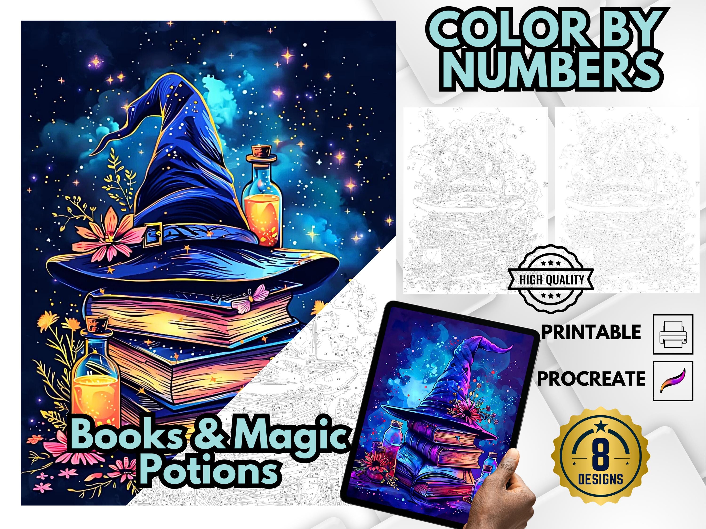 Witchy Color by Number Printable Pages • Potions & Spellbook Coloring for Adults • Digital Paint by Numbers Set