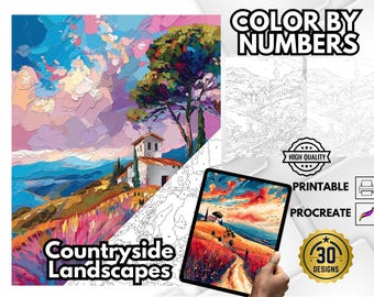 Countryside Color by Number, Relaxing Landscape Drawings (PDF & PNG)