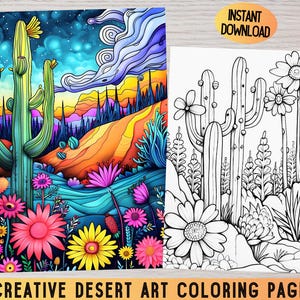 Desert Coloring Pages - Cactus Coloring Sheets, Desert Landscape Coloring, Desert Sunset Coloring Book, Zentangle Desert Art, Adult Coloring
