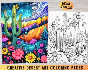 Dibujos para colorear de paisajes desérticos: cactus y atardecer, arte Zentangle (descarga digital)